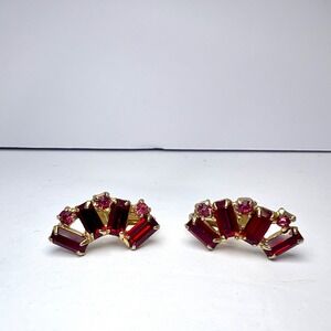Vintage Red Pink Rhinestone Screw Back Earrings Baguette Fan Gold Tone Costume